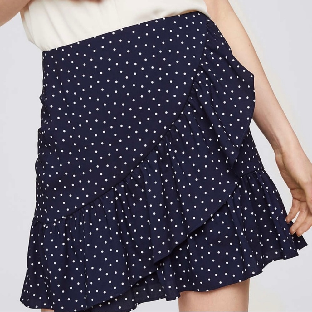 Loft Ruffle Faux Wrap Tiered Skirt Navy Blue Polka Dot Size 14